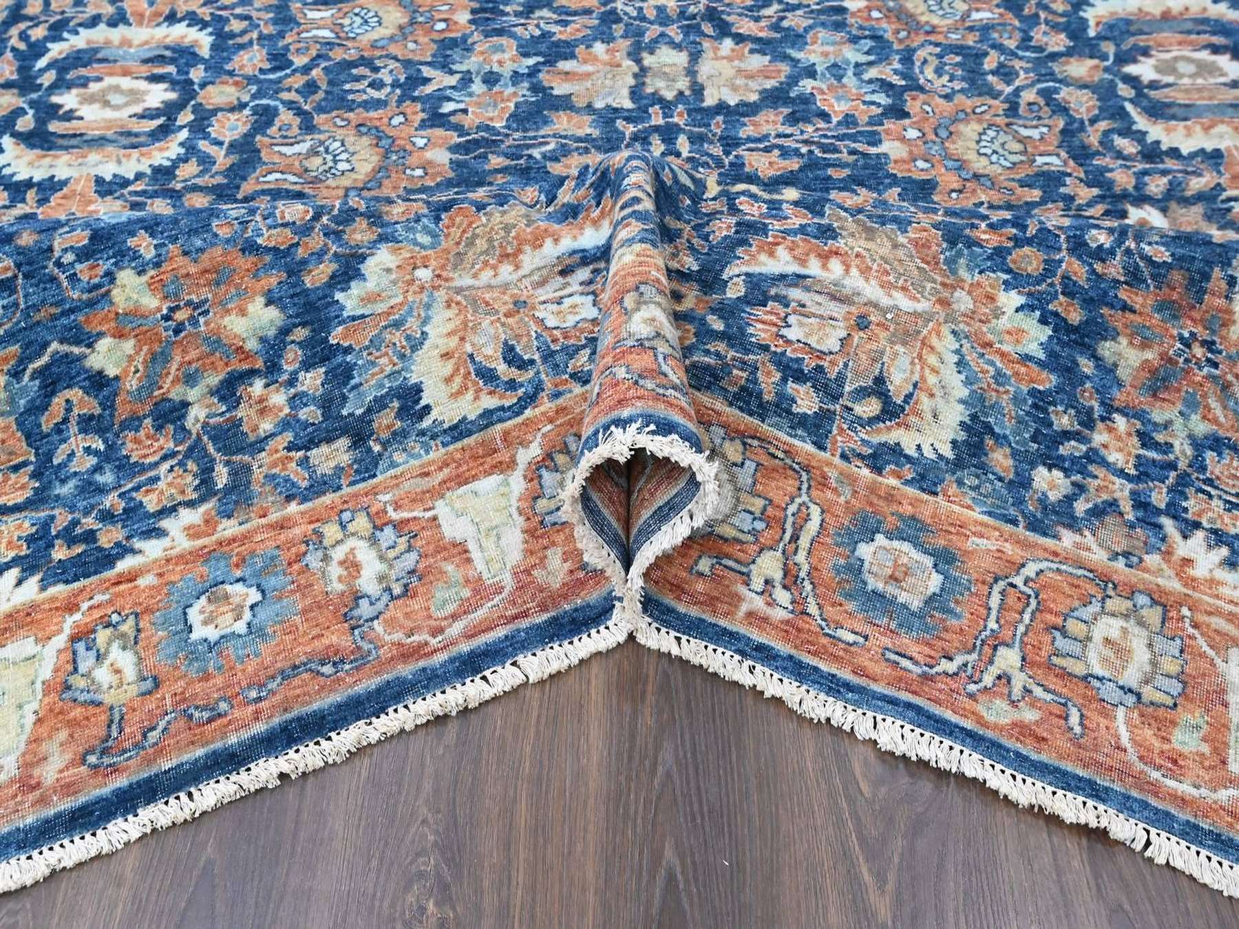 10'3"x13'10" Imperial Blue, Hand Knotted, Antiqued Persian Sultanabad Design, Vegetable Dyes, Zero Pile, Sheared Low, 100% Wool, Oriental Rug HR10557 - Image 5