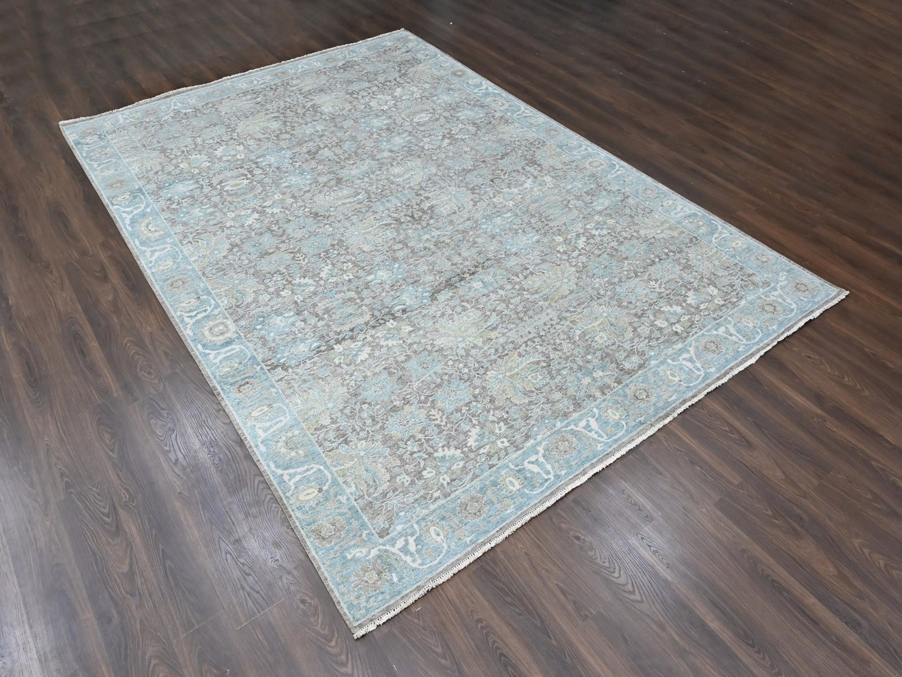 10'x14'2" Coffee Brown, Antiqued Persian Sultanabad Influence, Zero Pile, Distressed, Sheared Low, Vegetable Dyes, Hand Knotted, 100% Wool, Oriental Rug HR10558 - Image 3
