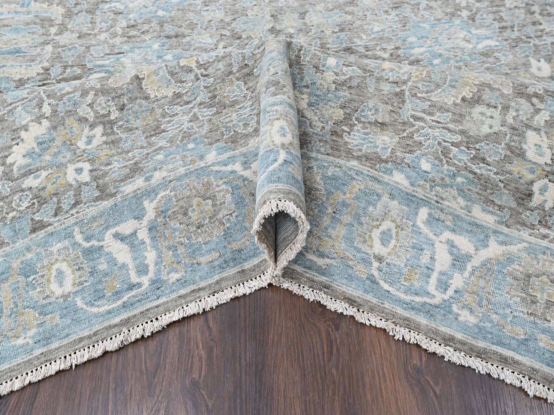 10'x14'2" Coffee Brown, Antiqued Persian Sultanabad Influence, Zero Pile, Distressed, Sheared Low, Vegetable Dyes, Hand Knotted, 100% Wool, Oriental Rug HR10558 - Image 5