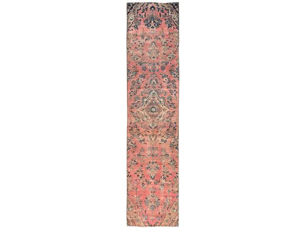 2'8"x12'9" Coral Pink, Vintage Persian Lilahan with Flower Design, 100% Wool, Hand Knotted, Cropped Thin, Worn and Distressed, Sides and Ends Professionally Secured, Runner, Oriental Rug HR1565