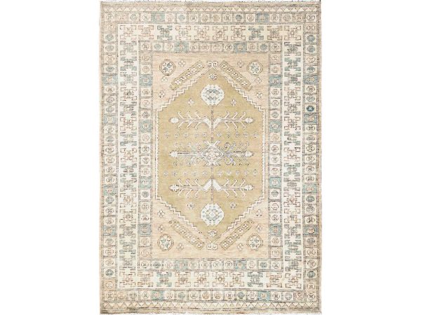 4'10"x6'10" Beige, Anatolian Village Design, Turkish Knot, Zero Pile, Sheared Low, Hand Knotted, 100% Wool, Oriental Rug HR1978