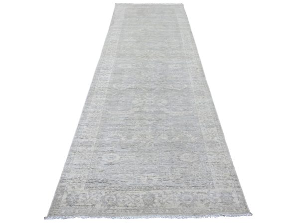 4'x11'10" Medium Gray, Washed Out Peshawar with Heriz All Over Design, High Mountain Wool, Hand Knotted, Densely Woven, Wide Runner, Oriental Rug HR20986