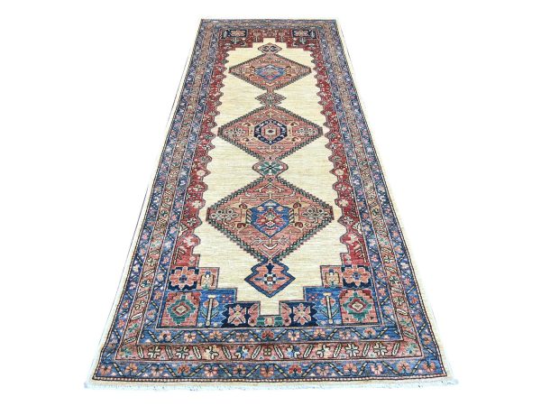 4'x9'10" Chiffon White, Bakshaish Design, Open Field with Serrated Medallions, Hand Knotted, High Mountain Wool, Aryana Grade, Soft Pile, Vegetable Dyes, Densely Woven, Wide Runner, Oriental Rug HR21152
