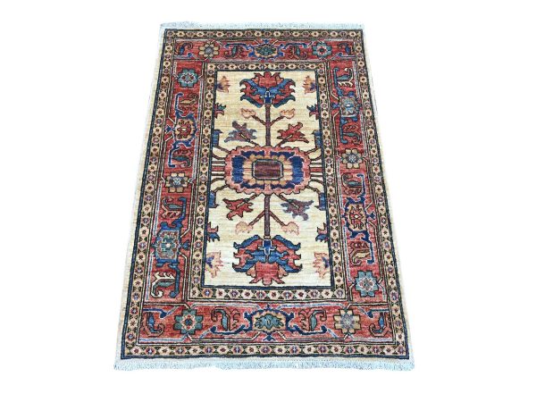 2'10"x4'1" Cream White, Hand Knotted, Heriz Design, High Mountain Wool, Aryana Grade, Soft Pile, Vegetable Dyes, Densely Woven, Mat, Sample, Oriental Rug HR21182