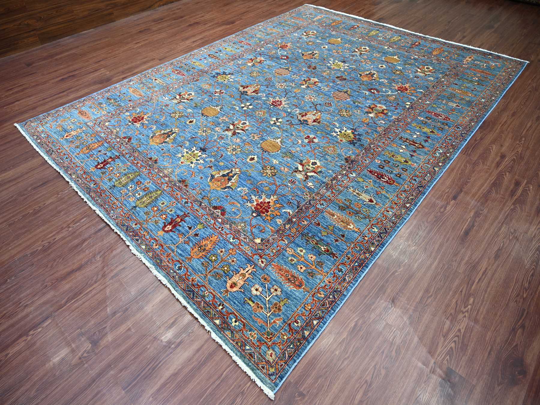 8'10"x11'10" Marlin Blue, Hand Knotted, Afghan Sultani with Pomegranate Design, Denser Weave, Vegetable Dyes, Soft Wool, Oriental Rug HR21260 - Image 3