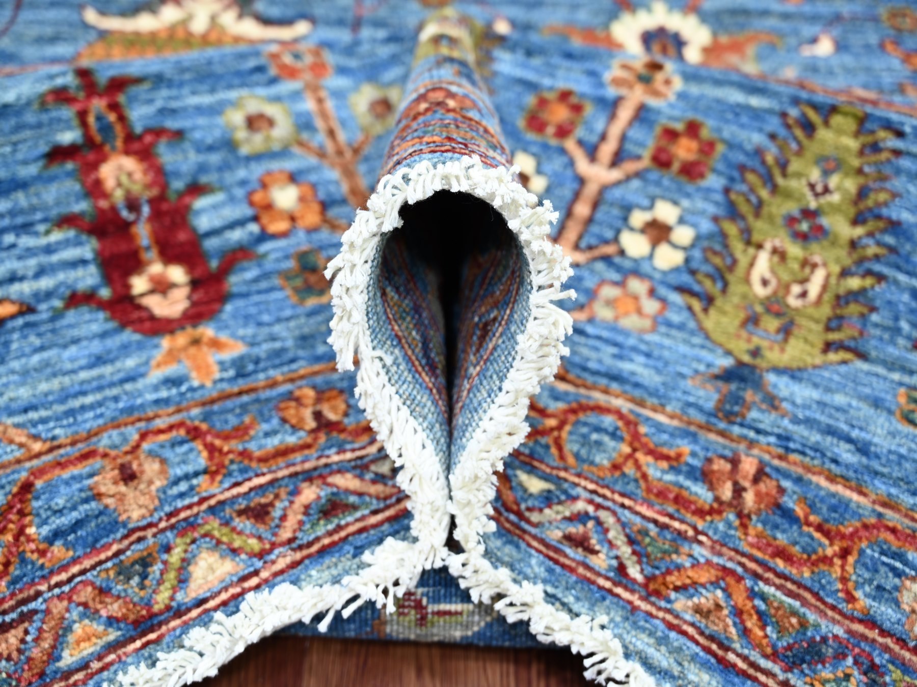 8'10"x11'10" Marlin Blue, Hand Knotted, Afghan Sultani with Pomegranate Design, Denser Weave, Vegetable Dyes, Soft Wool, Oriental Rug HR21260 - Image 5