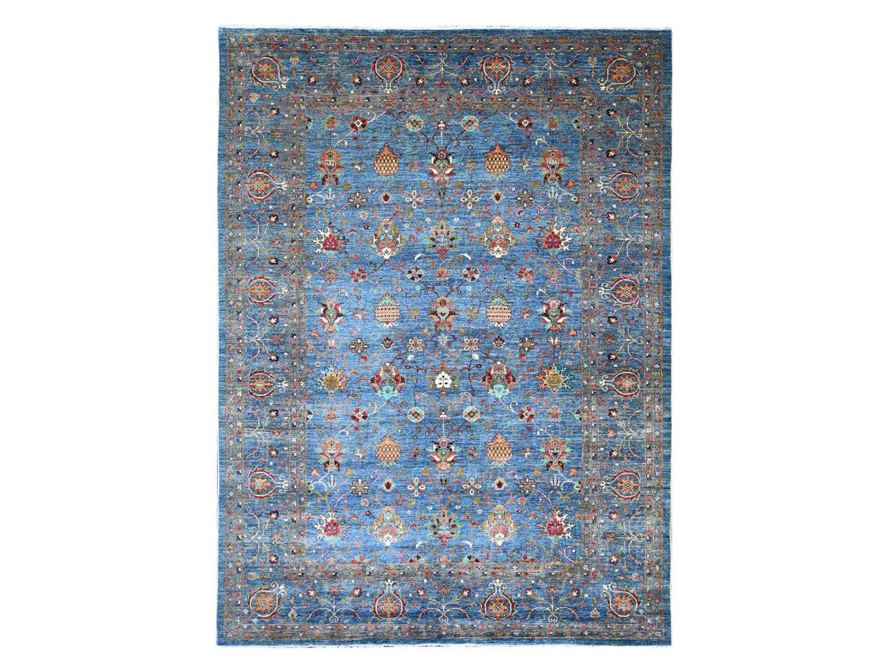 9'1"x12'2" Carolina Blue, Hand Knotted, Afghan Sultani with Pomegranate Design, Denser Weave, Vegetable Dyes, Soft Wool, Oriental Rug HR21262