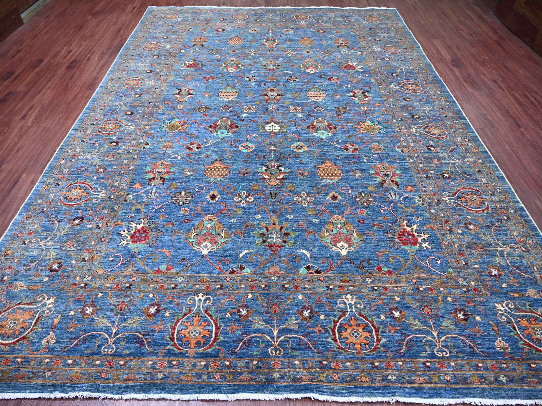 9'1"x12'2" Carolina Blue, Hand Knotted, Afghan Sultani with Pomegranate Design, Denser Weave, Vegetable Dyes, Soft Wool, Oriental Rug HR21262 - Image 2