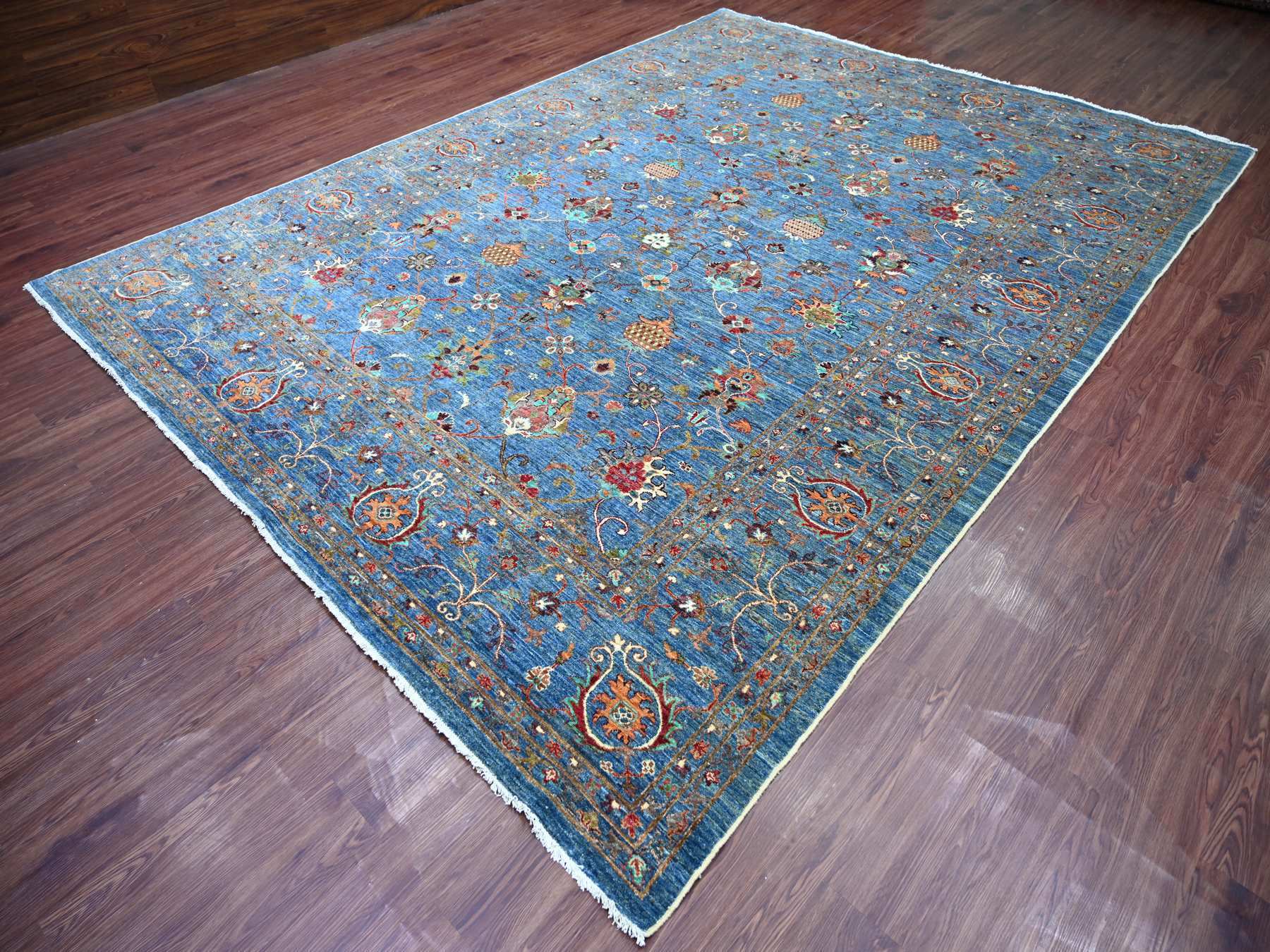 9'1"x12'2" Carolina Blue, Hand Knotted, Afghan Sultani with Pomegranate Design, Denser Weave, Vegetable Dyes, Soft Wool, Oriental Rug HR21262 - Image 3