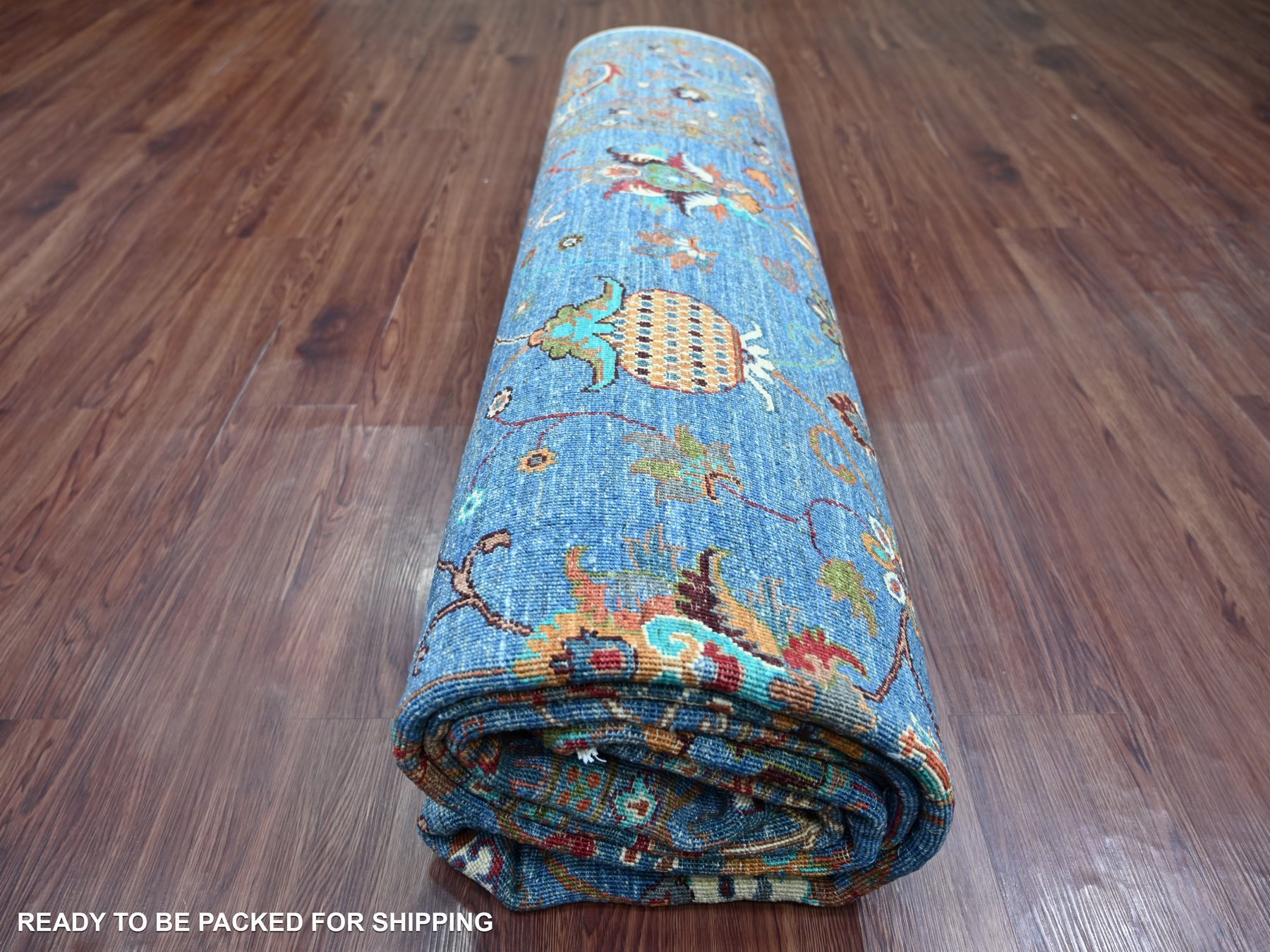 9'1"x12'2" Carolina Blue, Hand Knotted, Afghan Sultani with Pomegranate Design, Denser Weave, Vegetable Dyes, Soft Wool, Oriental Rug HR21262 - Image 9