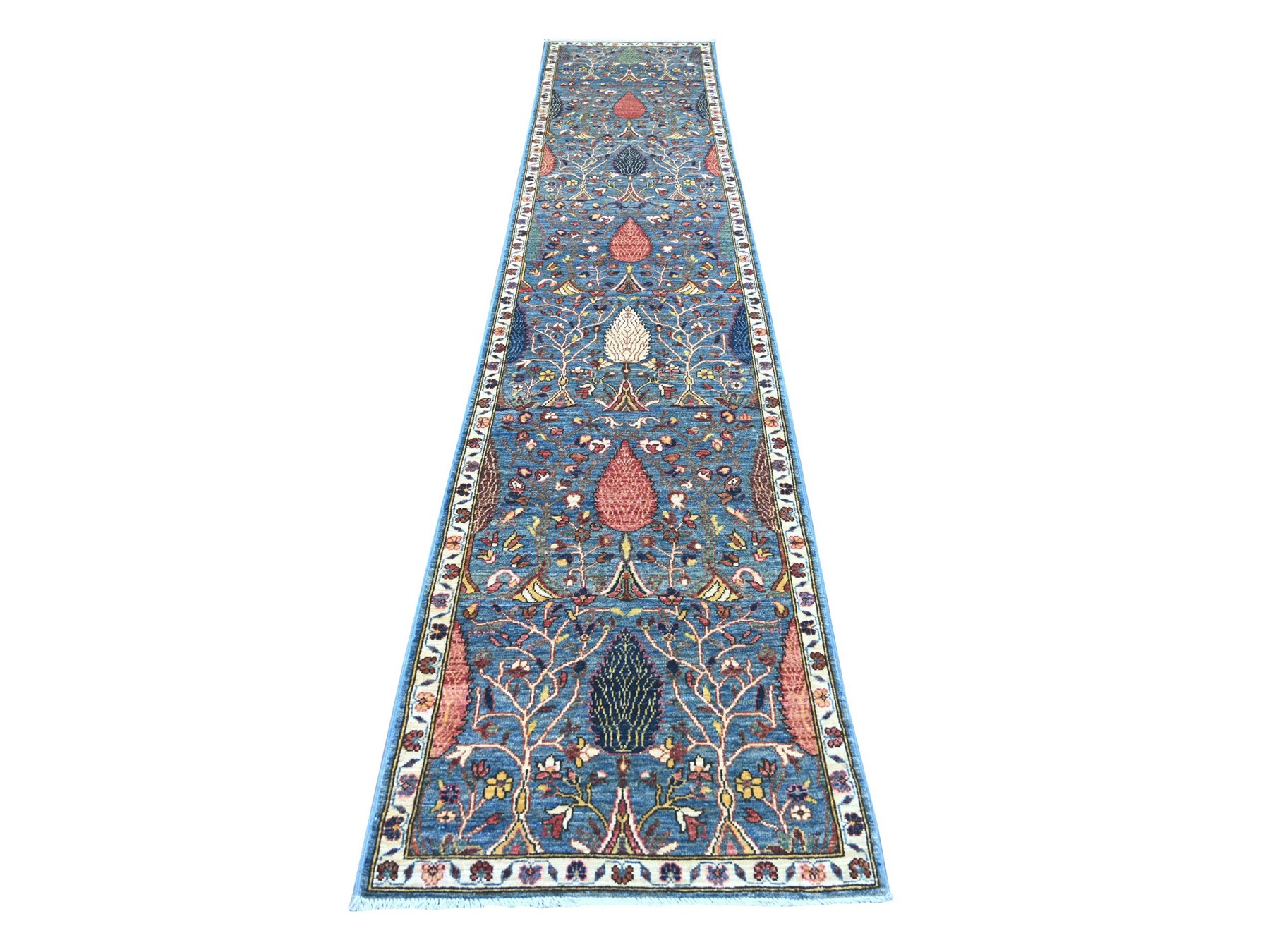 2'7"x12'10" Aegean Blue, Ethnic Tribal Cypress Tree Design, Aryana Collection, Hand Knotted, High Mountain Wool, Soft Pile, Vegetable Dyes, Densely Woven, Runner, Oriental Rug HR21267