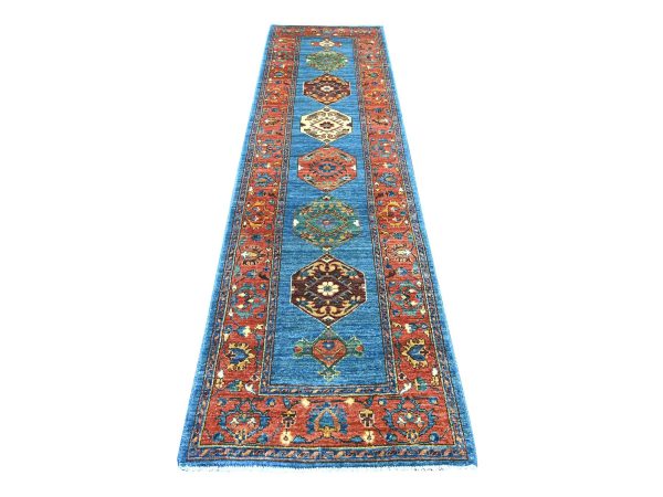 2'9"x10'2" Bayern Blue, Aryana Collection, Open Field Bakshaish Design, Geometric Pattern, Hand Knotted, High Mountain Wool, Soft Pile, Vegetable Dyes, Densely Woven, Runner, Oriental Rug HR21273