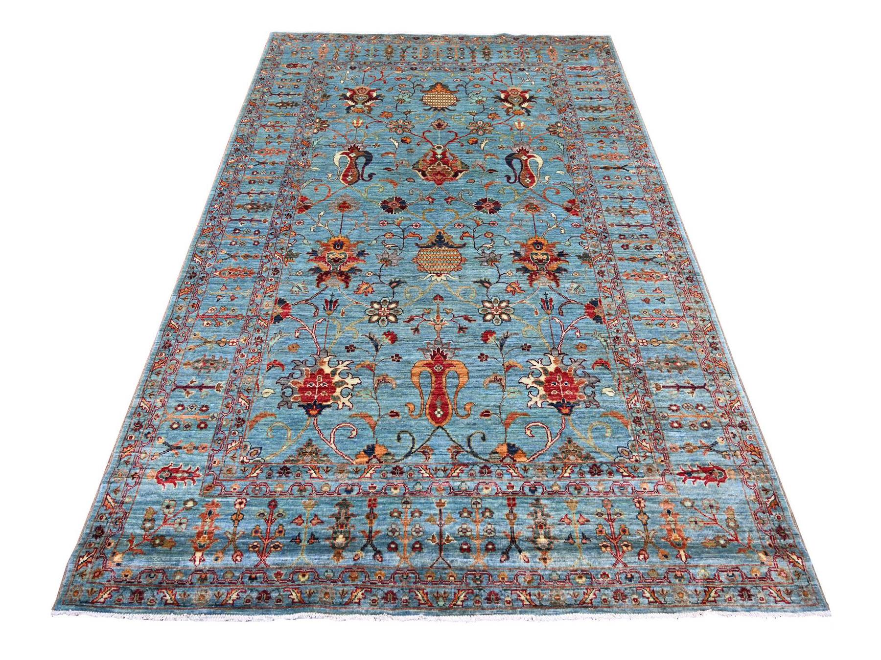 5'7"x8'2" Cerulean Blue, Afghan Sultani with Pomegranate Design, Hand Knotted, High Mountain Wool, Soft Pile, Vegetable Dyes, Densely Woven, Oriental Rug HR21288