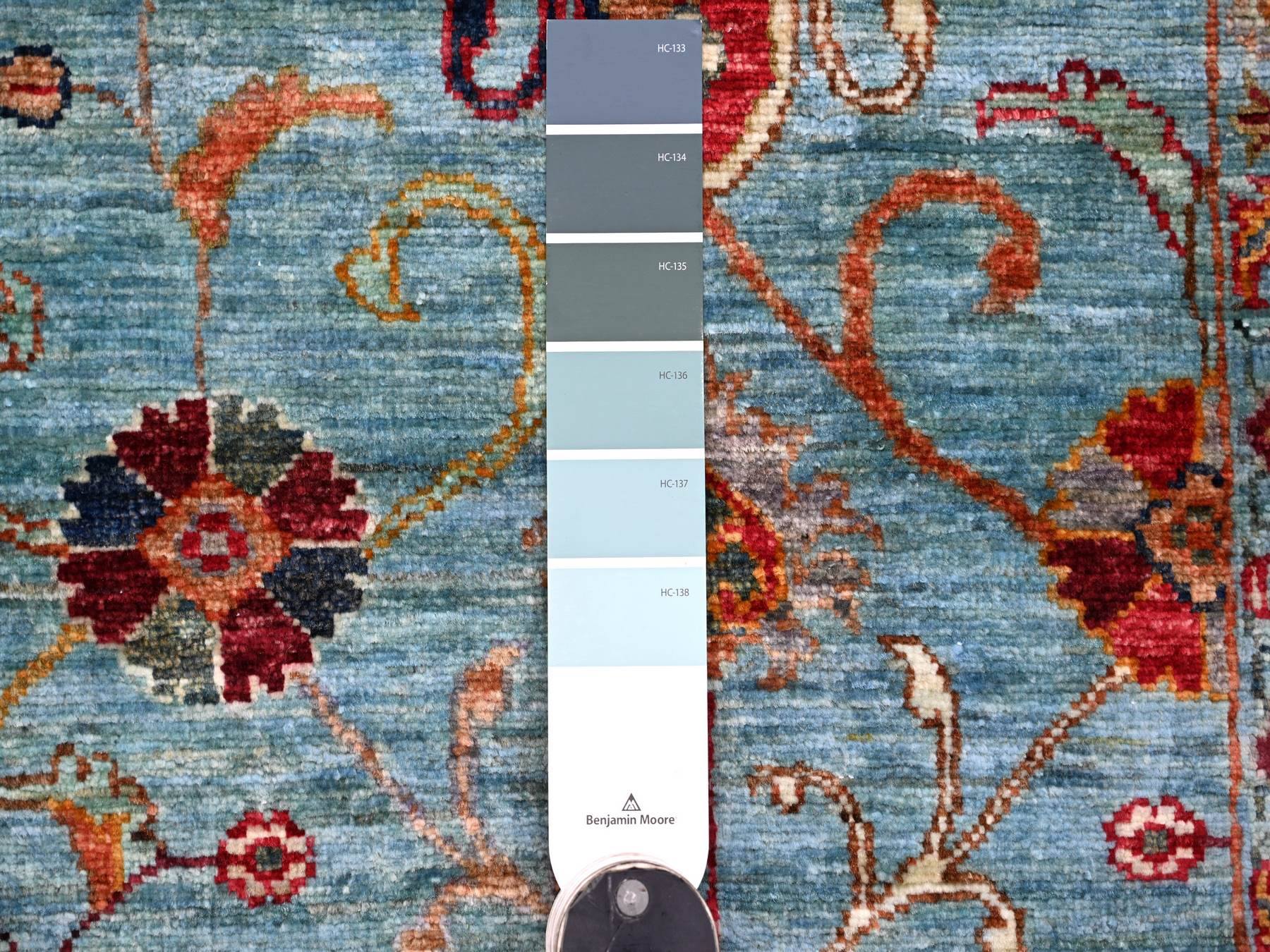 5'7"x8'2" Cerulean Blue, Afghan Sultani with Pomegranate Design, Hand Knotted, High Mountain Wool, Soft Pile, Vegetable Dyes, Densely Woven, Oriental Rug HR21288 - Image 3