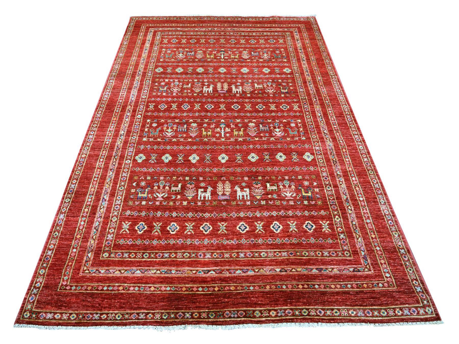 5'8"x8'3" Savvy Red, Kashkuli Gabbeh with Khorjin Design, Small Animal Figurines, Hand Knotted, Natural Wool, Vegetable Dyes, Oriental Rug HR21289