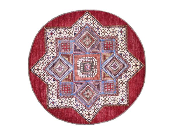 6'6"x6'6" Savvy Red, Afghan Super Kazak with Star Geometric Design, Vegetable Dyes, Pure Wool, Hand Knotted, Round, Oriental Rug HR21290