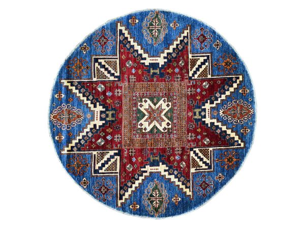 5'7"x5'7" Bayern Blue, Afghan Super Kazak with Star Geometric Design, Vegetable Dyes, Pure Wool, Hand Knotted, Round, Oriental Rug HR21294