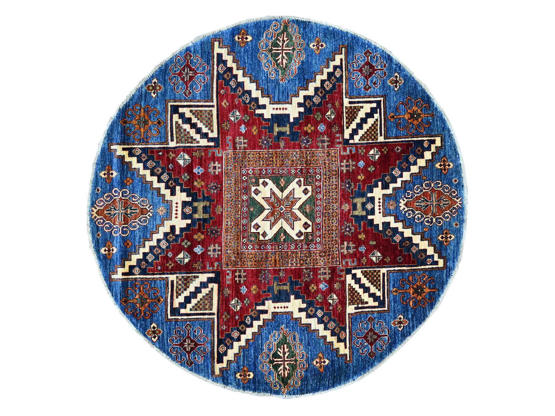 5'7"x5'7" Bayern Blue, Afghan Super Kazak with Star Geometric Design, Vegetable Dyes, Pure Wool, Hand Knotted, Round, Oriental Rug HR21294