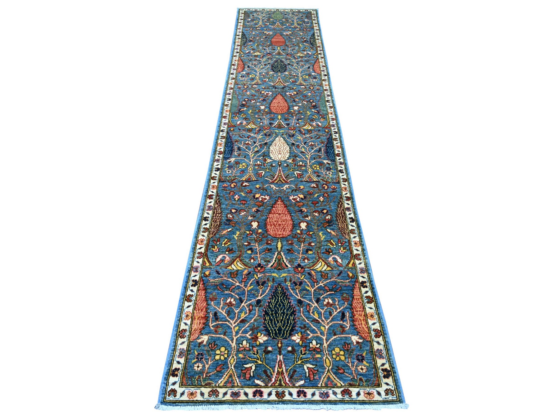 2'7"x13' Aegean Blue, Ethnic Tribal Cypress Tree Design, Aryana Collection, Hand Knotted, High Mountain Wool, Soft Pile, Vegetable Dyes, Densely Woven, Runner, Oriental Rug HR21330