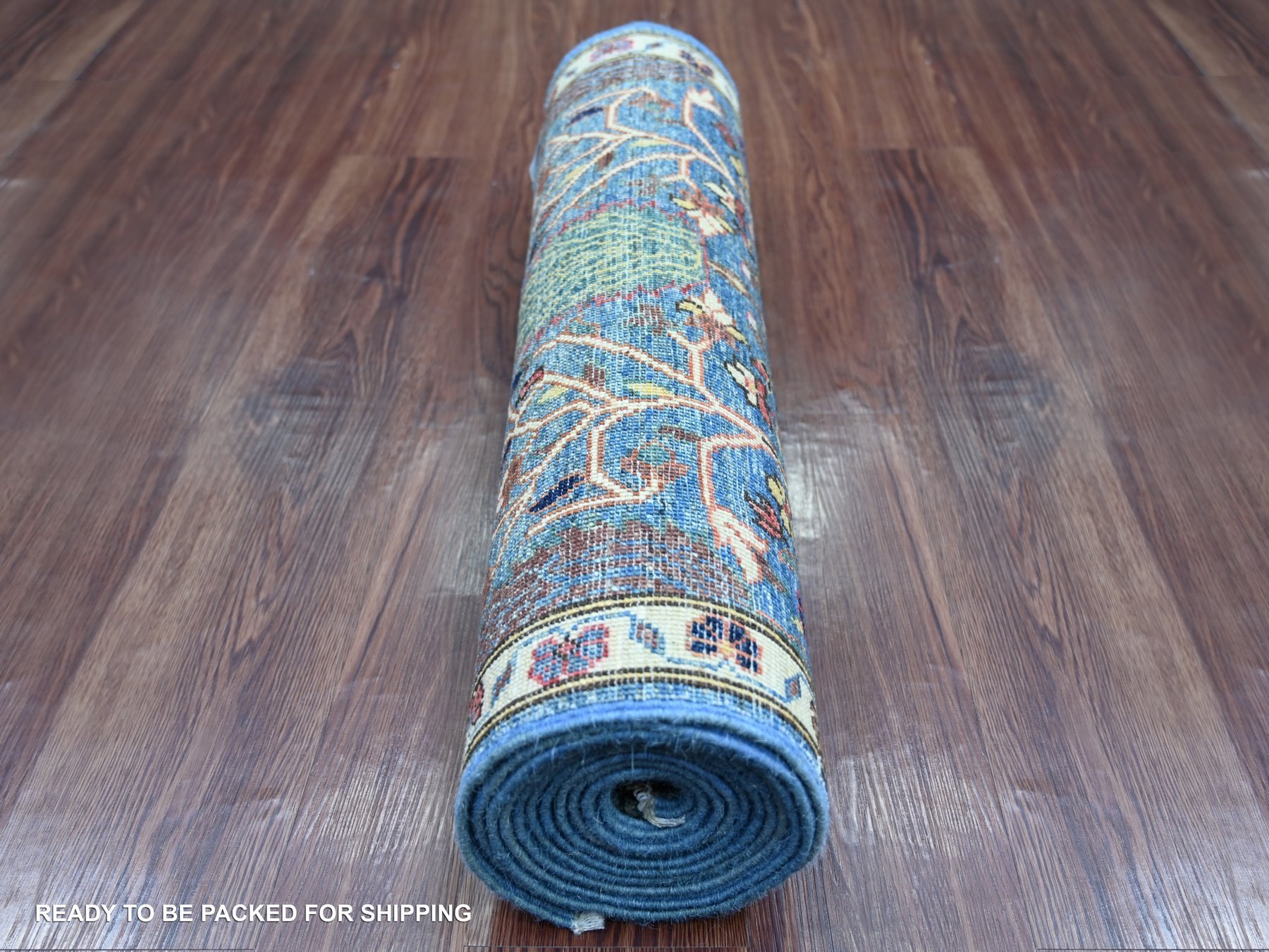 2'7"x13' Aegean Blue, Ethnic Tribal Cypress Tree Design, Aryana Collection, Hand Knotted, High Mountain Wool, Soft Pile, Vegetable Dyes, Densely Woven, Runner, Oriental Rug HR21330 - Image 4