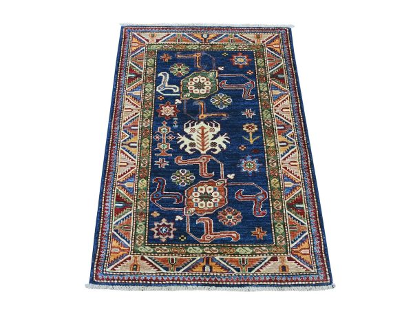 2'10"x4'1" Navy Blue, Afghan Super Kazak with Northwest Persian Design, Vegetable Dyes, Pure Wool, Hand Knotted, Oriental Rug HR21354