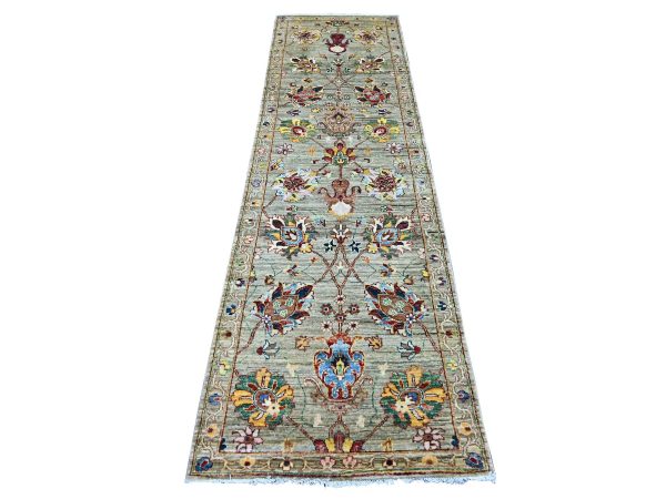 2'8"x9'5" Light Green, Ziegler Mahal All Over Design, Hand Knotted, 100% Wool, Soft Pile, Vegetable Dyes, Densely Woven, Runner, Oriental Rug HR21451