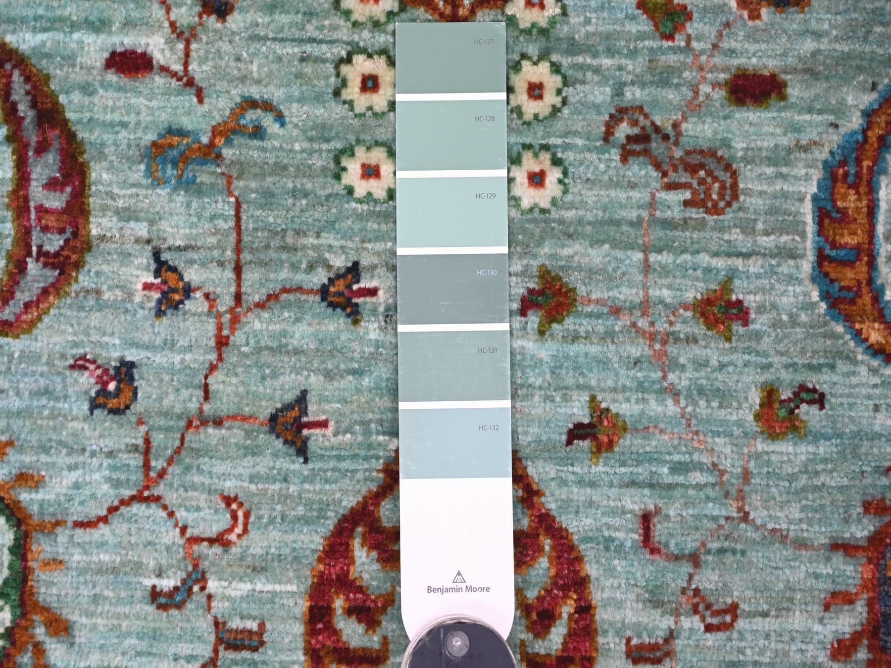 2'7"x4'2" Pistachio Green, Afghan Sultani with All Over Design, Hand Knotted, Denser Weave, Vegetable Dyes, Soft Wool, Sample, Mat, Oriental Rug HR21741 - Image 3
