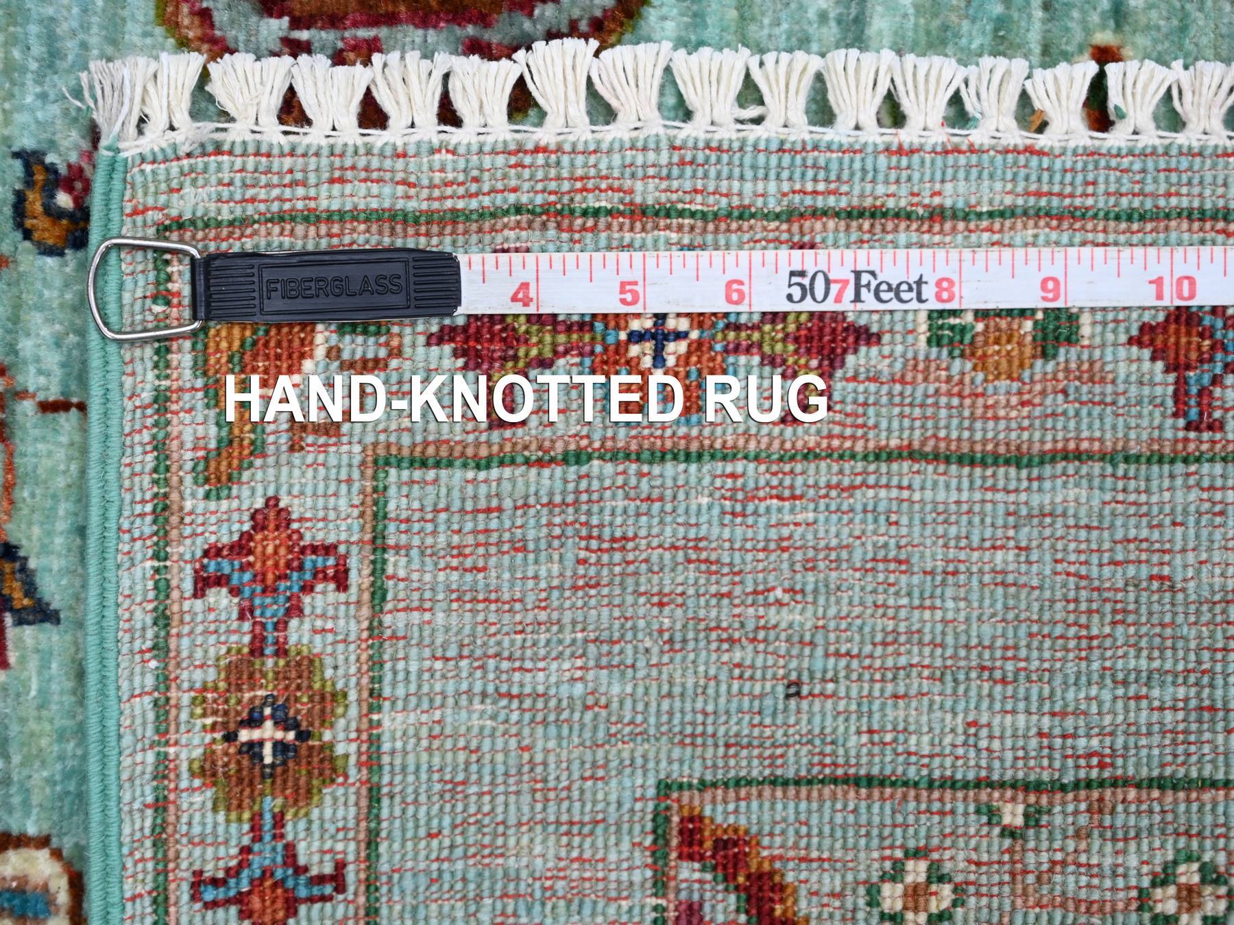 2'7"x4'2" Pistachio Green, Afghan Sultani with All Over Design, Hand Knotted, Denser Weave, Vegetable Dyes, Soft Wool, Sample, Mat, Oriental Rug HR21741 - Image 6
