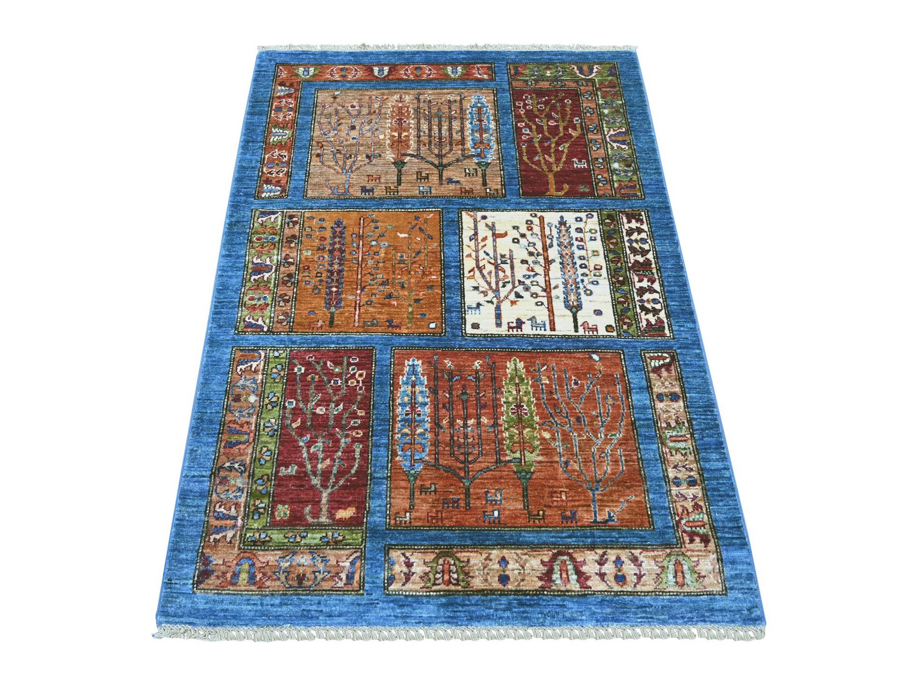 3'3"x5' Bayern Blue, Compartment Garden Design with Cypress Trees, Small Animal Figurines, Densely Woven, Hand Knotted, Soft Wool, Oriental Rug HR21977