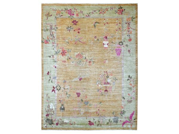 9'1"x11'10" Golden Brown, Chinese Art Deco Inspired Peshawar, Hand Knotted, Soft and Vibrant Wool, Vegetable Dyes, Oriental Rug HR22427
