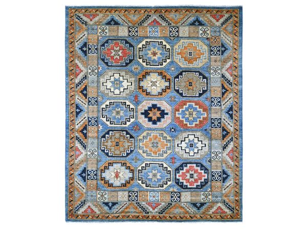 8'2"x9'9" Maya Blue, Afghan Ersari with Elephant Feet Design, Vegetable Dyes, Hand Knotted, Pure Wool, Oriental Rug HR22451