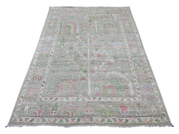 5'x7'1" Sage Green, Hand Knotted, Afghan Angora Oushak with Willow and Cypress Tree Design, 100% Wool, Vegetable Dyes, Oriental Rug HR22670