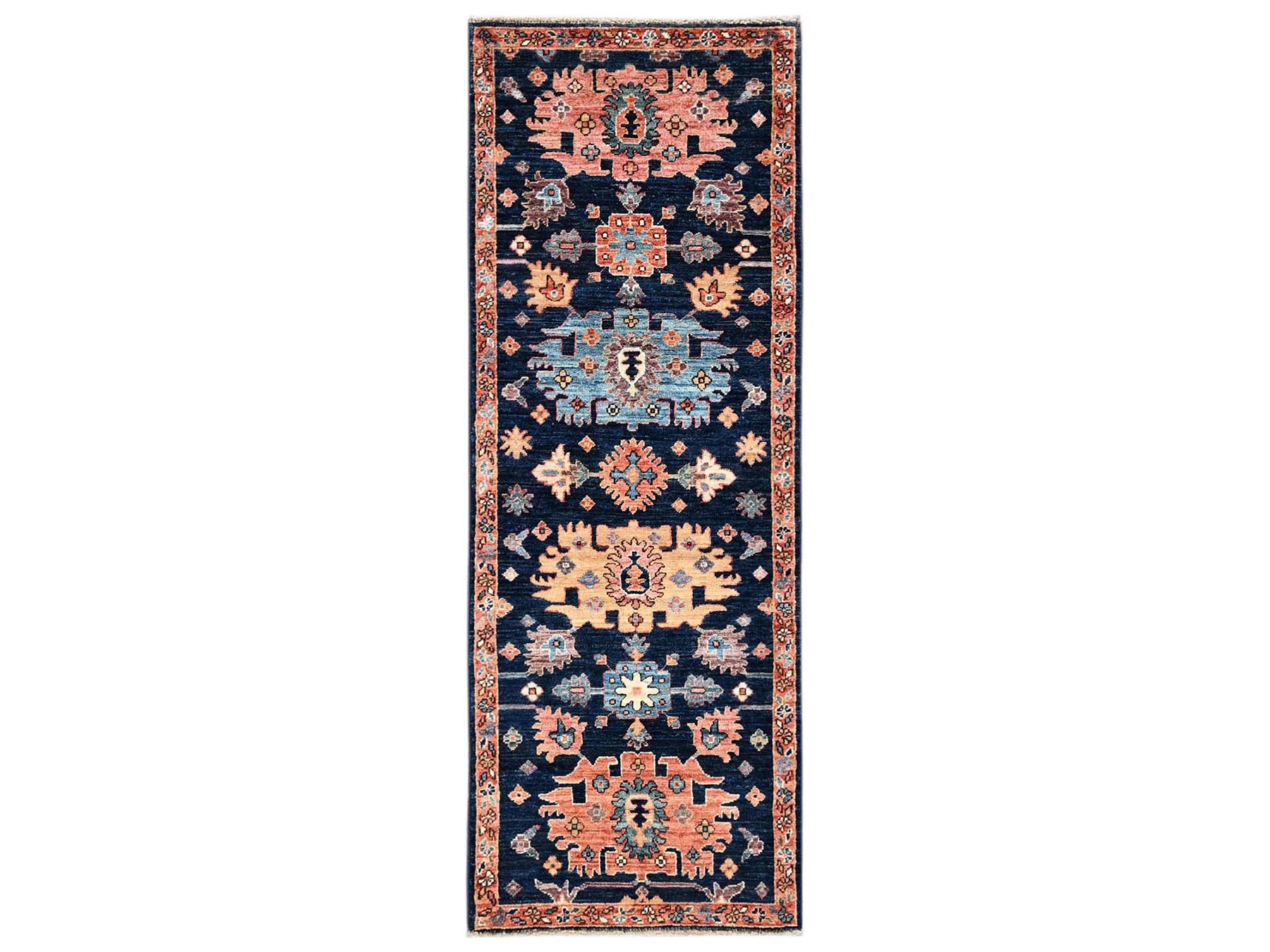 2'2"x6'1" Midnight Blue, Heriz All Over Design, Aryana Grade, Vegetable Dyes, Soft Pile, Hand Knotted, High Mountain Wool, Densely Woven, Narrow Runner, Oriental Rug HR2434