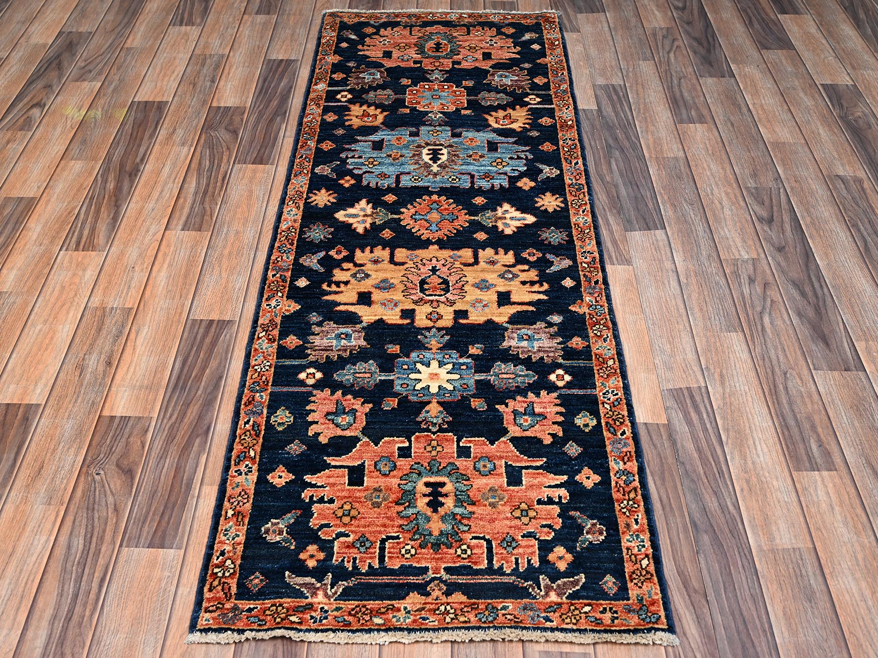 2'2"x6'1" Midnight Blue, Heriz All Over Design, Aryana Grade, Vegetable Dyes, Soft Pile, Hand Knotted, High Mountain Wool, Densely Woven, Narrow Runner, Oriental Rug HR2434 - Image 2
