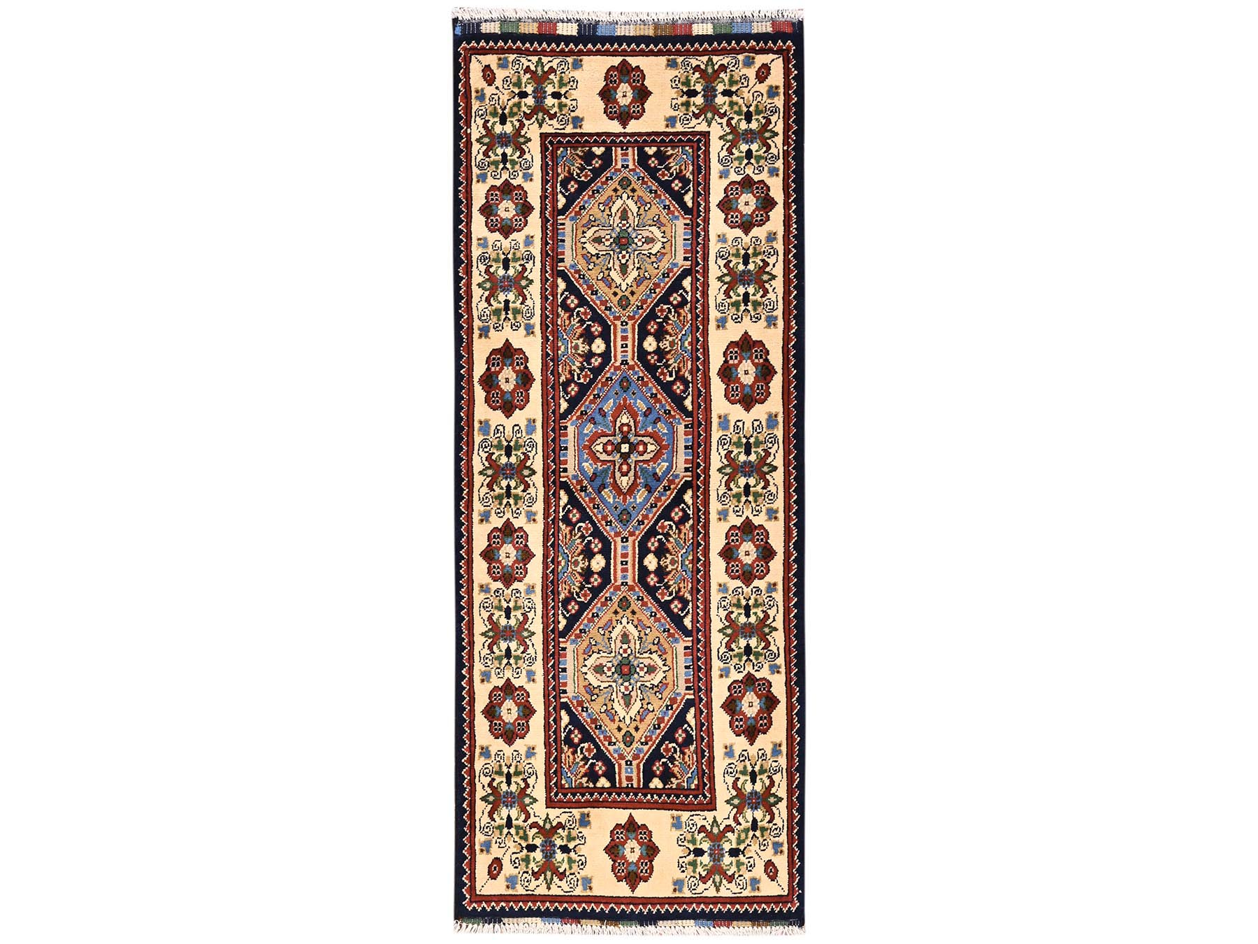 2'1"x5'5" Midnight Blue, Afghan Khalmohdi with Geometric Pattern, Hand Knotted, Natural Wool, Thick and Soft, Short & Narrow Runner, Oriental Rug HR2464