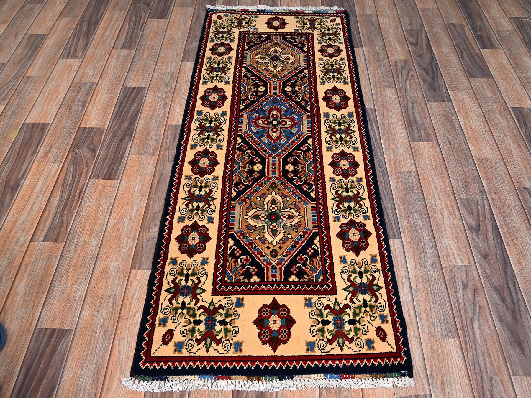 2'1"x5'5" Midnight Blue, Afghan Khalmohdi with Geometric Pattern, Hand Knotted, Natural Wool, Thick and Soft, Short & Narrow Runner, Oriental Rug HR2464 - Image 2