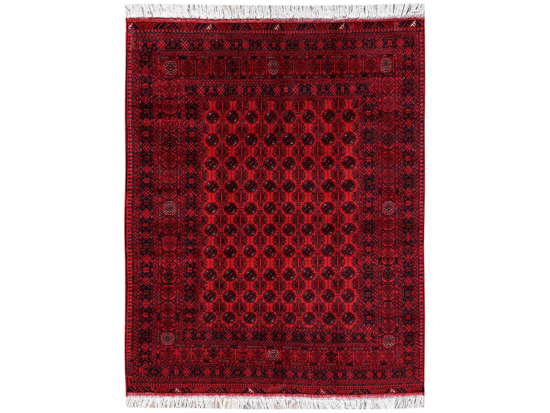 5'2"x6'5" Scarlet Red, Afghan Khamyab with Khoja Roshni Bokara Small Repetitive Design, Hand Knotted, Soft and Velvety Wool, Oriental Rug HR2476