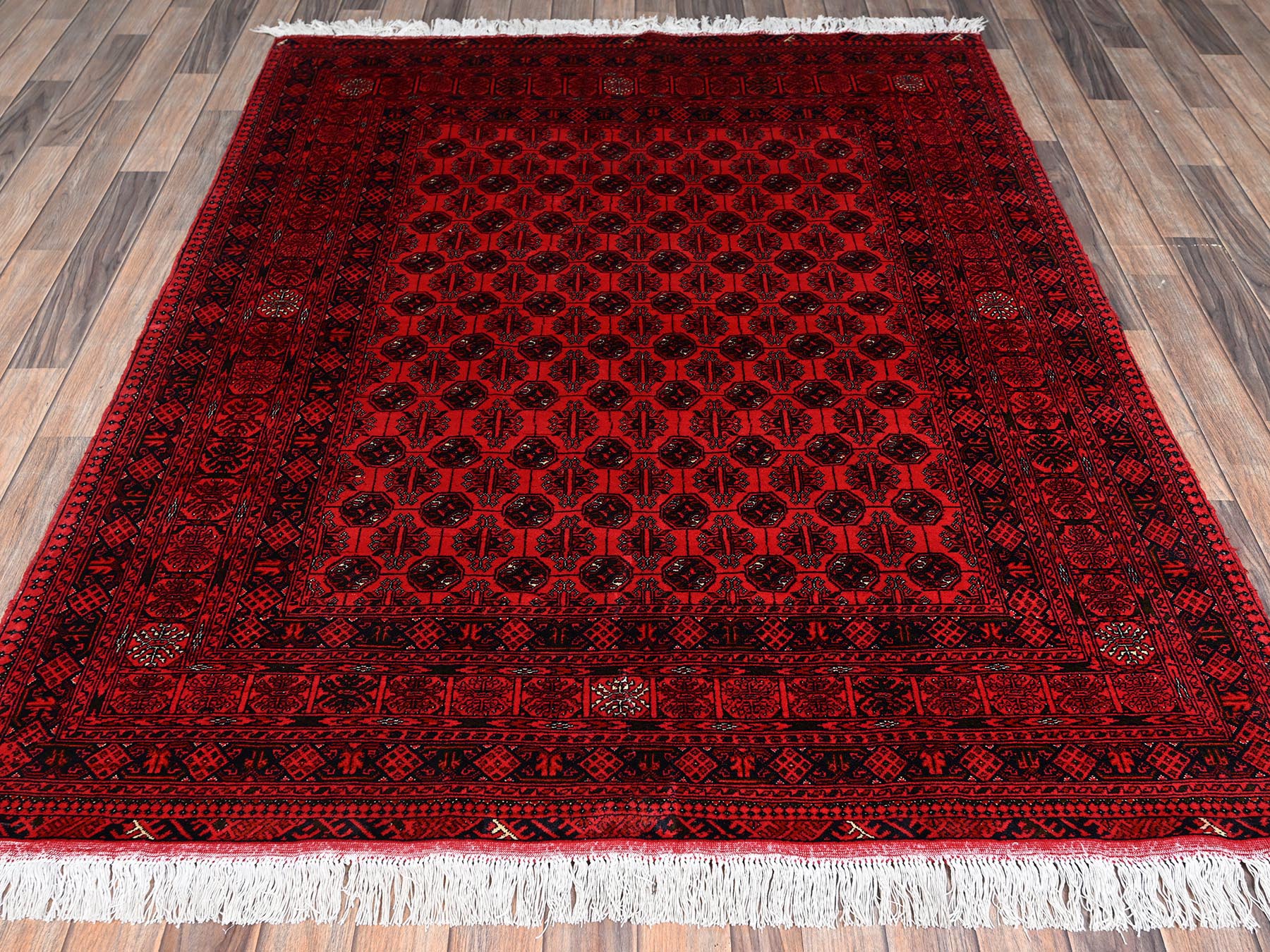 5'2"x6'5" Scarlet Red, Afghan Khamyab with Khoja Roshni Bokara Small Repetitive Design, Hand Knotted, Soft and Velvety Wool, Oriental Rug HR2476 - Image 2