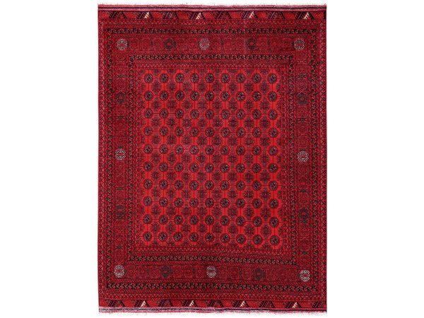 5'x6'5" Scarlet Red, Hand Knotted, Afghan Khamyab with Khoja Roshni Bokara Small Repetitive Design, Soft and Velvety Wool, Oriental Rug HR2477