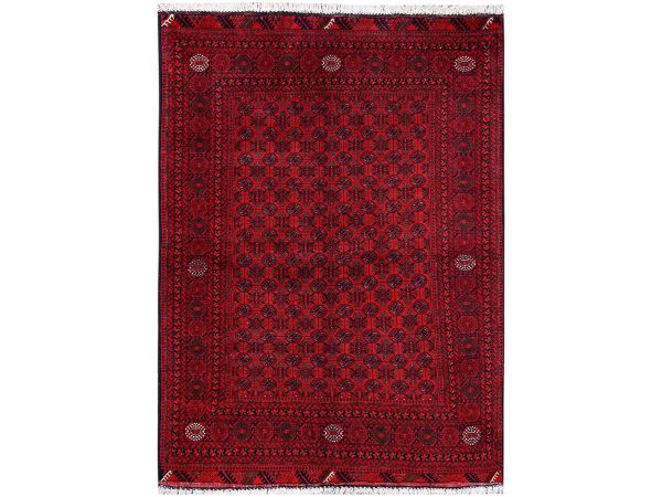 4'9"x6'5" Scarlet Red, Afghan Khamyab with Khoja Roshni Bokara Small Repetitive Design, Hand Knotted, Soft and Velvety Wool, Oriental Rug HR2480
