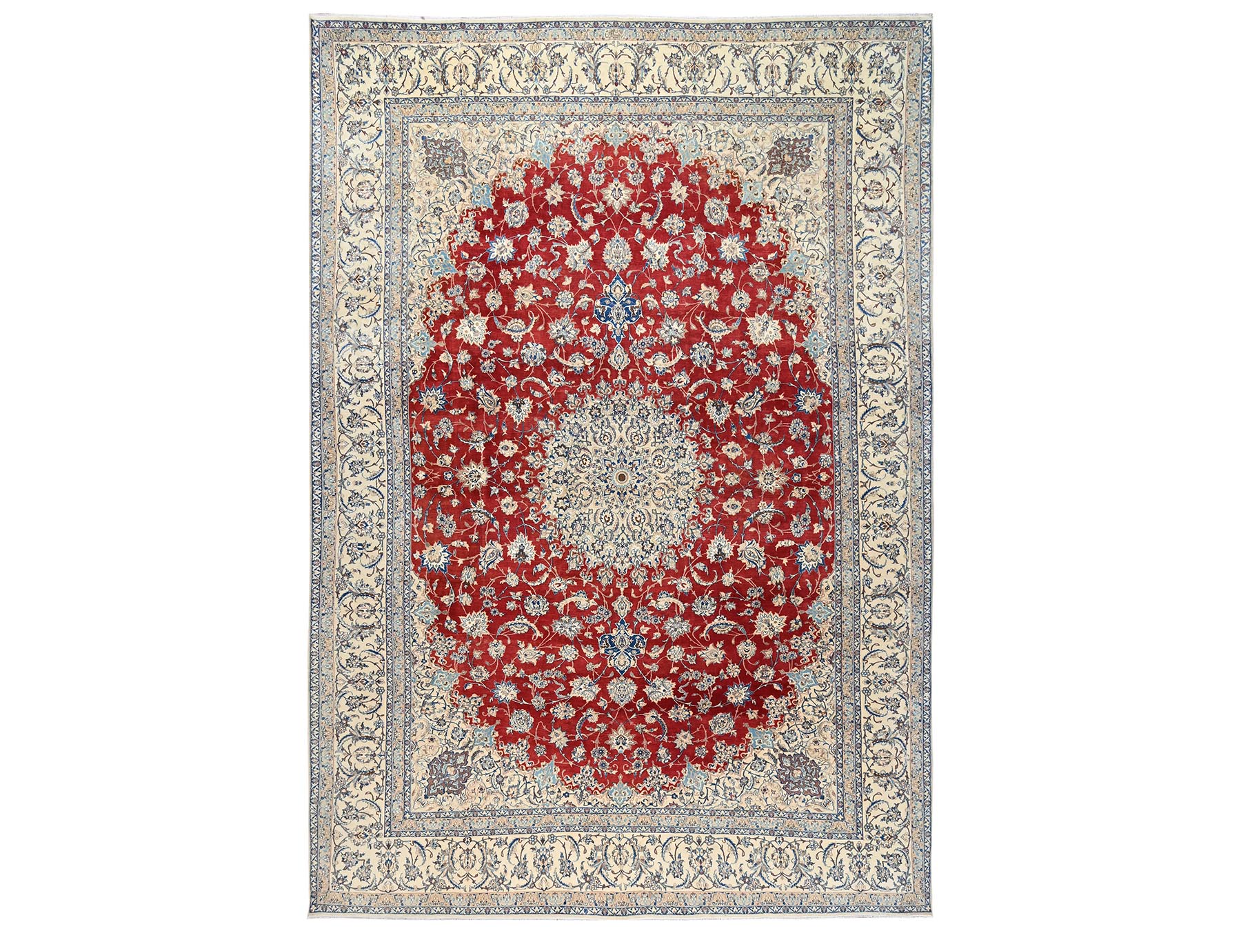 13'5"x19'4" Crimson Red, Vintage Persian Nain with Flower Medallion, Wool & Silk, Clean, Sides and Ends Professionally Secured, Hand Knotted, Extra Large, Oversized, Oriental Rug HR2533