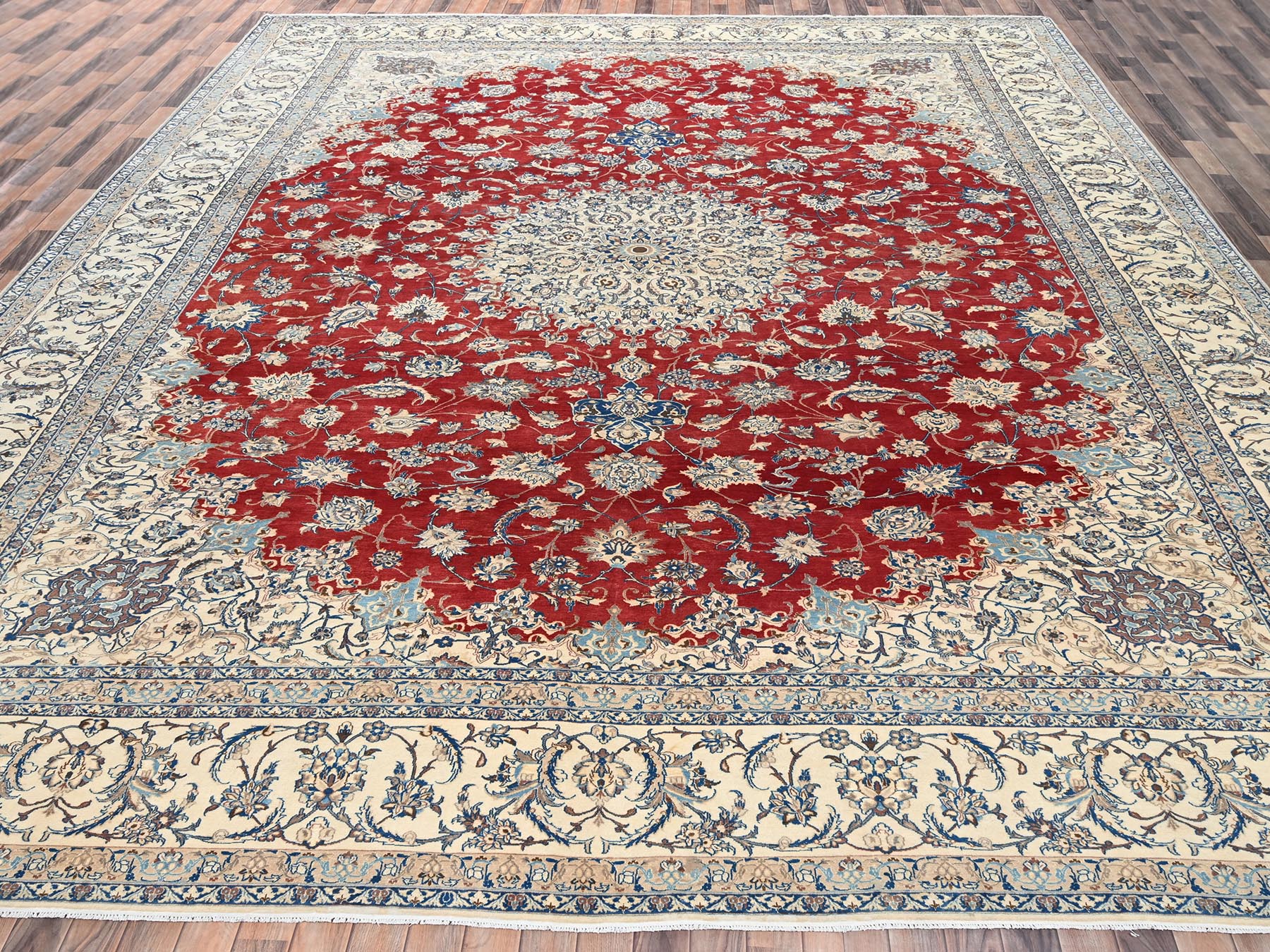 13'5"x19'4" Crimson Red, Vintage Persian Nain with Flower Medallion, Wool & Silk, Clean, Sides and Ends Professionally Secured, Hand Knotted, Extra Large, Oversized, Oriental Rug HR2533 - Image 2