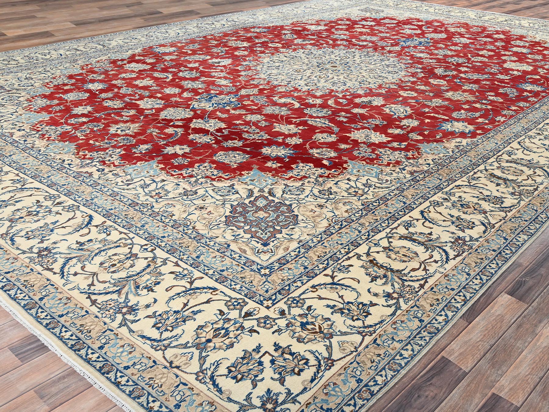 13'5"x19'4" Crimson Red, Vintage Persian Nain with Flower Medallion, Wool & Silk, Clean, Sides and Ends Professionally Secured, Hand Knotted, Extra Large, Oversized, Oriental Rug HR2533 - Image 3