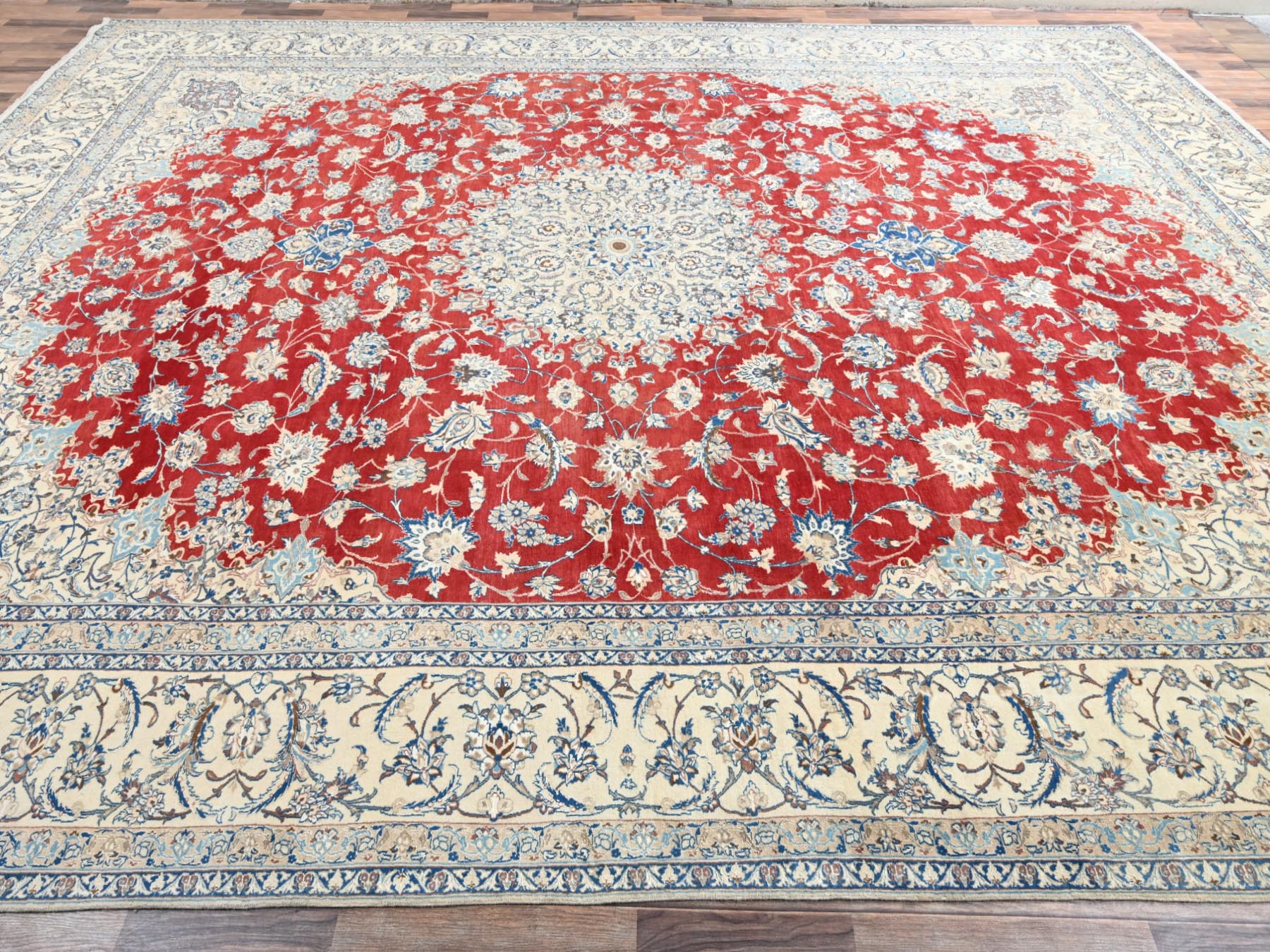 13'5"x19'4" Crimson Red, Vintage Persian Nain with Flower Medallion, Wool & Silk, Clean, Sides and Ends Professionally Secured, Hand Knotted, Extra Large, Oversized, Oriental Rug HR2533 - Image 4