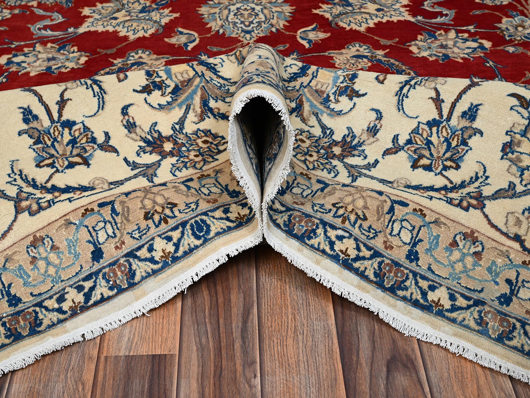 13'5"x19'4" Crimson Red, Vintage Persian Nain with Flower Medallion, Wool & Silk, Clean, Sides and Ends Professionally Secured, Hand Knotted, Extra Large, Oversized, Oriental Rug HR2533 - Image 6