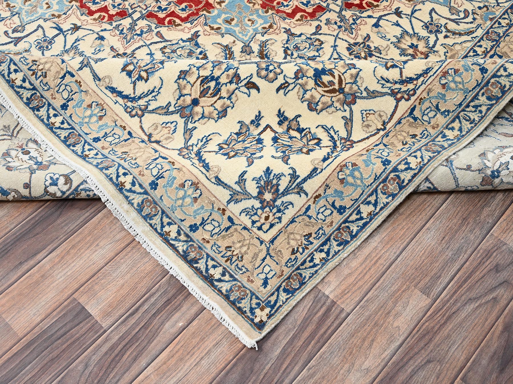 13'5"x19'4" Crimson Red, Vintage Persian Nain with Flower Medallion, Wool & Silk, Clean, Sides and Ends Professionally Secured, Hand Knotted, Extra Large, Oversized, Oriental Rug HR2533 - Image 7