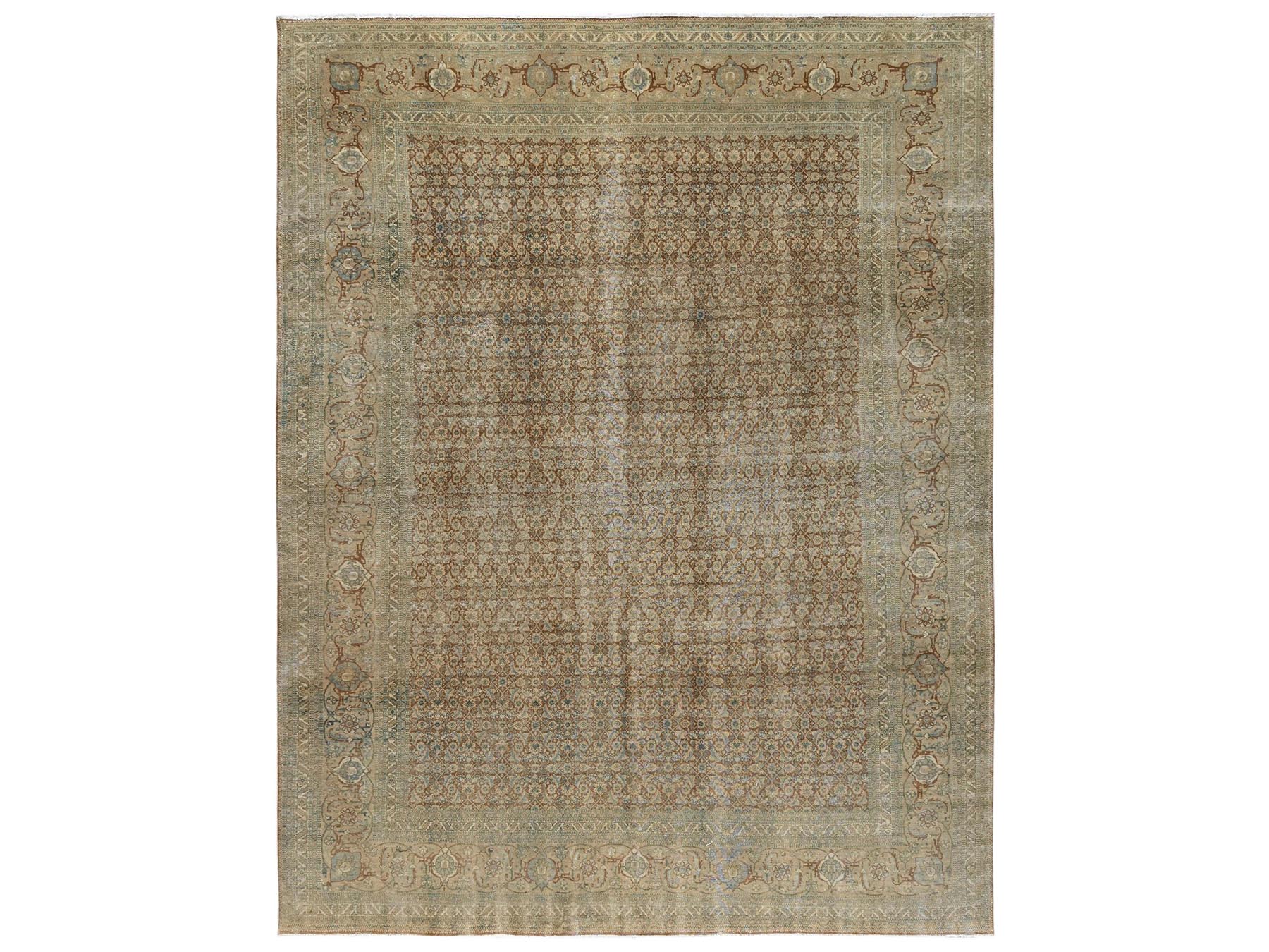 9'9"x12'9" Burro Brown, Distressed and Washed Out, Antique Persian Haja Jalili Tabriz with All Over Fish Mahi Design, Intricate Pattern with Earth Tone Colors, Hand Knotted, 100% Wool, Oriental Rug HR2534