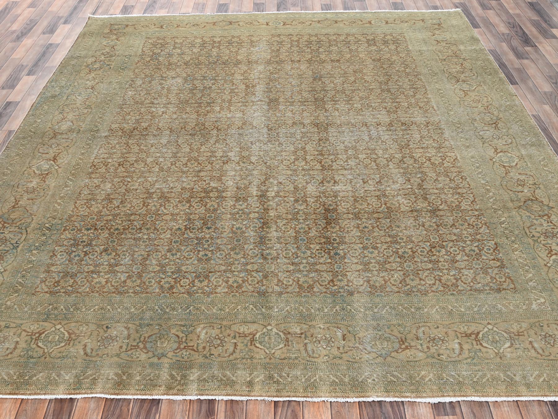 9'9"x12'9" Burro Brown, Distressed and Washed Out, Antique Persian Haja Jalili Tabriz with All Over Fish Mahi Design, Intricate Pattern with Earth Tone Colors, Hand Knotted, 100% Wool, Oriental Rug HR2534 - Image 2