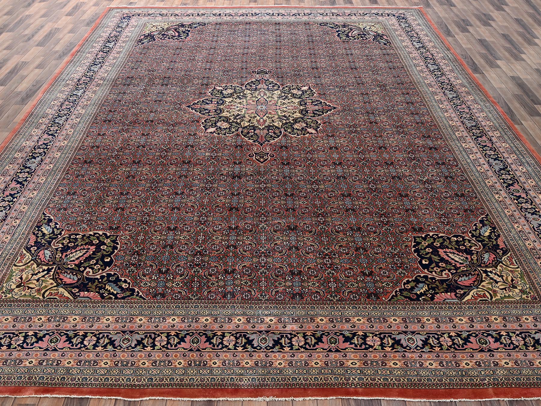 11'9"x18' Amber Brown, Vintage Indo Bijar with Flower Medallion, Very Good Condition, Clean, Sides and Ends Professionally Secured, Hand Knotted, Natural Wool, XL, Oversized, Oriental Rug HR2536 - Image 2