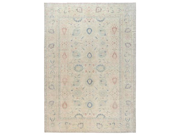 13'5"x19'3" Chiffon White, Vintage Egyptian Sultanabad, Sheared Low, Distressed, Full Pile, 100% Wool, Hand Knotted, Sides and Ends Professionally Secured, Oversized, Oriental Rug HR2537
